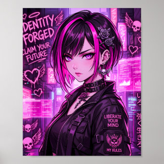 Chica de Anime Cyberpunk Neon Póster "Identidad Fo