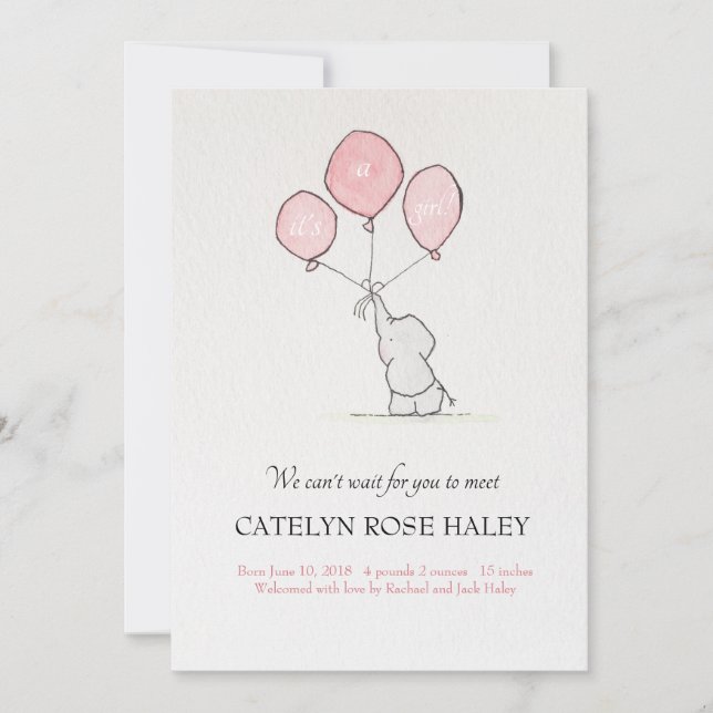 Chica de anuncio de nacimiento Elephant Balloons (Anverso)