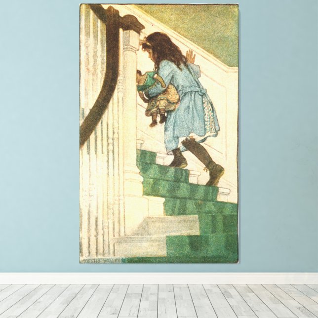 Chica de arte infantil de época en escaleras (Insitu (piso de madera))