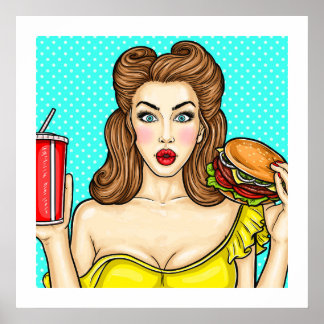 Chica de arte pop con Poster Burger Kitchen 24x24