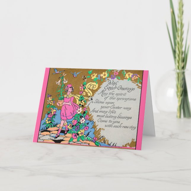 Chica de Bendiciones de Pascua con tarjeta rosa (Anverso)
