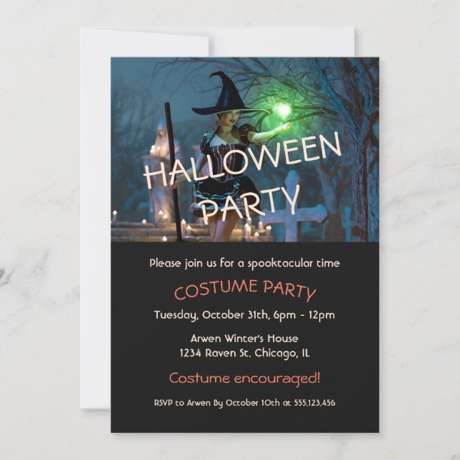 Chica de brujas de Halloween en la invitación al b (Anverso)