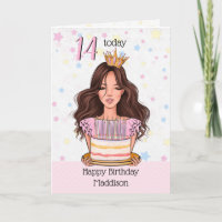 Chica de Brunette con tarjeta de cumpleaños Cake H