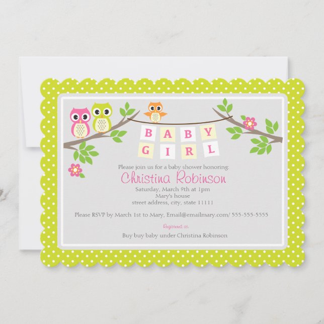 chica de búho lindo invitación a la ducha de bebé (Anverso)