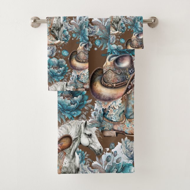 Chica de caballo vaquero patrón turquesa floral (In situ)