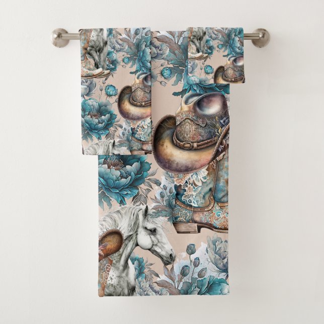 Chica de caballo vaquero patrón turquesa floral (In situ)