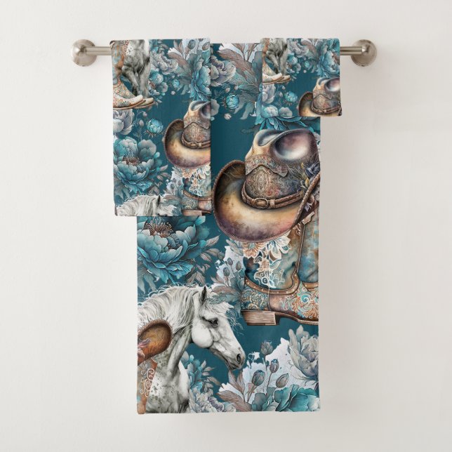 Chica de caballo vaquero patrón turquesa floral (In situ)