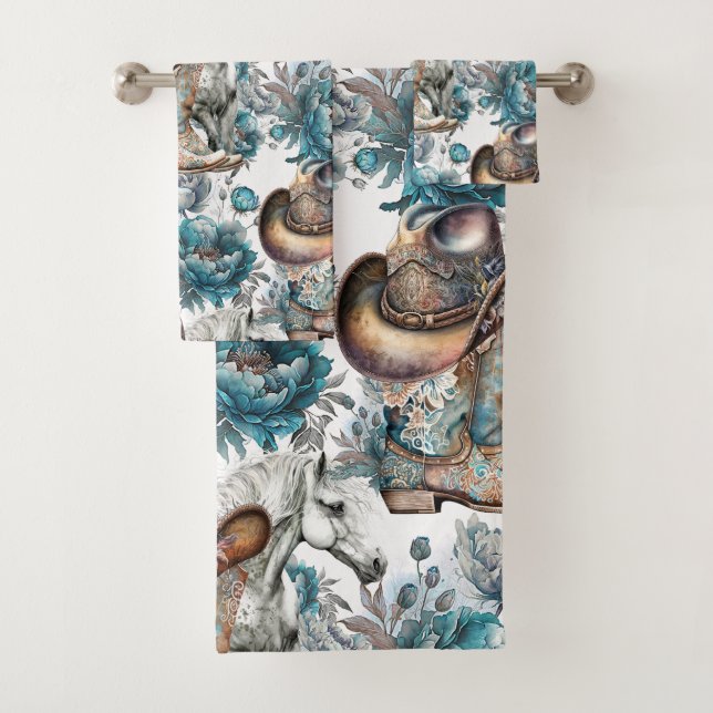 Chica de caballo vaquero patrón turquesa floral (In situ)