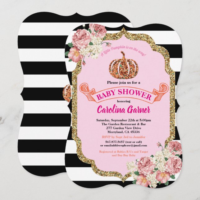 Chica de calabaza invitación a ducha rosa y dorado (Anverso / Reverso)