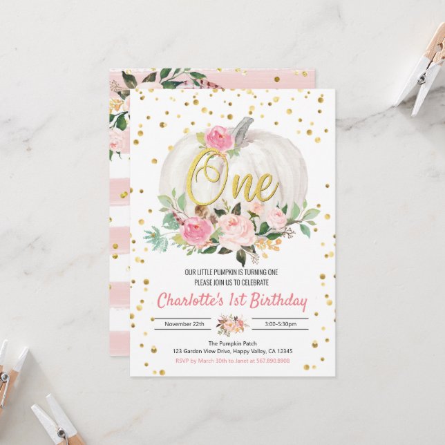 Chica de calabaza Primer Fiesta de cumpleaños Invi (Anverso/Reverso In Situ)