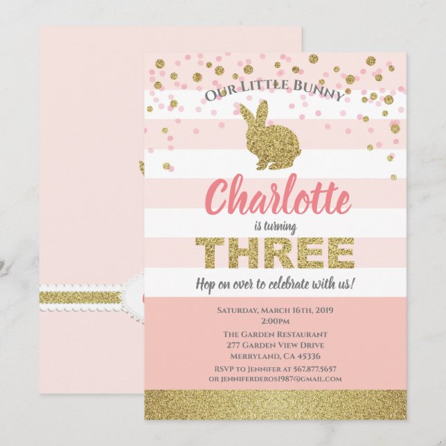chica de conejito rosa y dorado Invitación de terc (Anverso / Reverso)