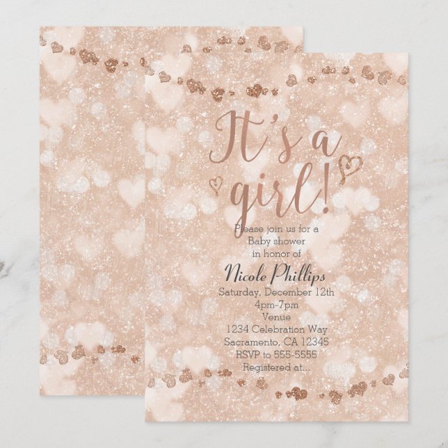 Chica de corazones dorados rosados invitaciones a  (Anverso / Reverso)