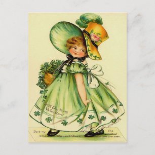 Chica de cosecha en tarjeta postal verde