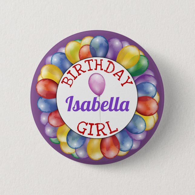 Chica de cumpleaños botón de globos rojo morado am (Anverso)