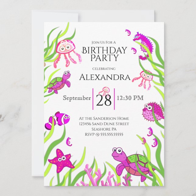 Chica de cumpleaños de Cute Pink Under Sea Fiesta (Anverso)