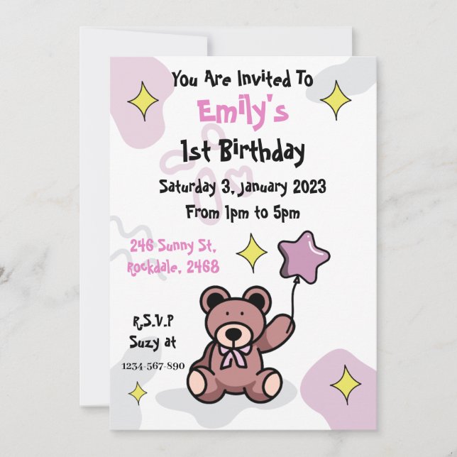 Chica de cumpleaños Teddy Bear Invitación (Anverso)