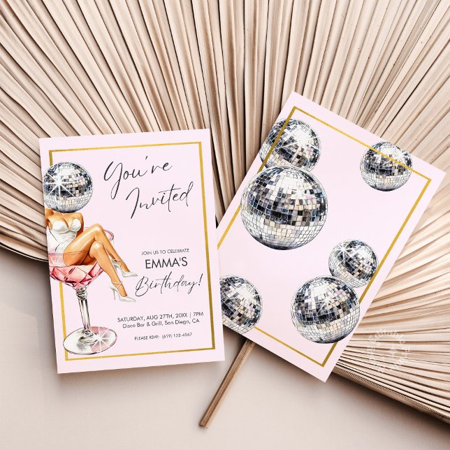 Chica de disco en invitación de cumpleaños de copa (Disco Girl in Cocktail Glass Birthday Invite)