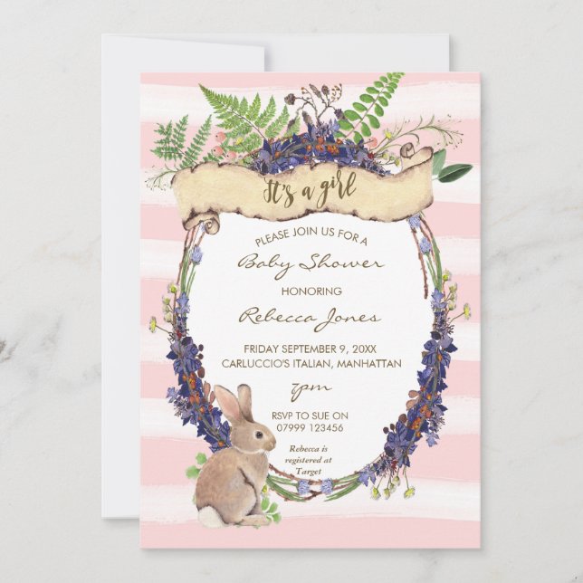 chica de ducha de bebé invitación conejo de bosque (Anverso)