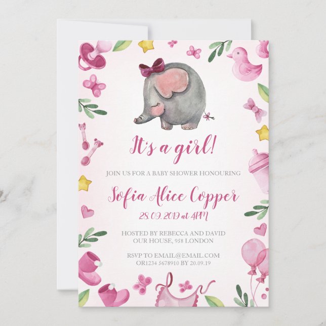 Chica de ducha de bebé Invitación | Rosa | Elefant (Anverso)