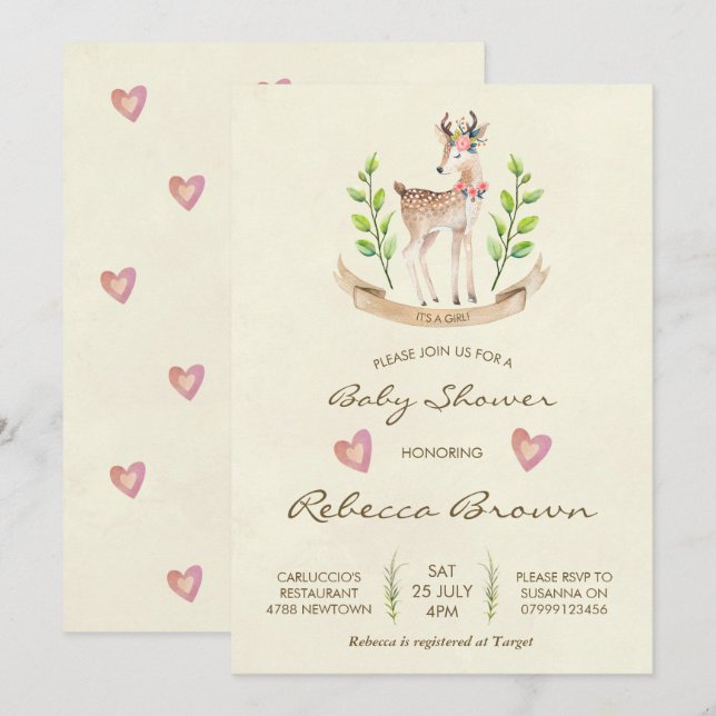 chica de ducha de bebé invitación venado de bosque (Anverso / Reverso)
