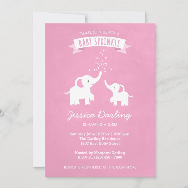Chica de elefante rosa Invitación a ducha de rocia (Anverso)