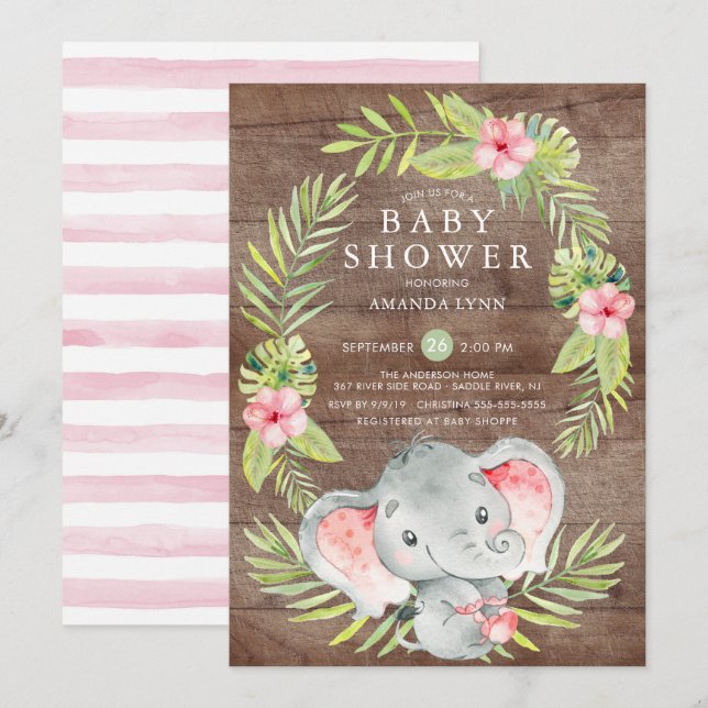 Chica de elefante rosa invitación rusa a Baby Show (Anverso / Reverso)