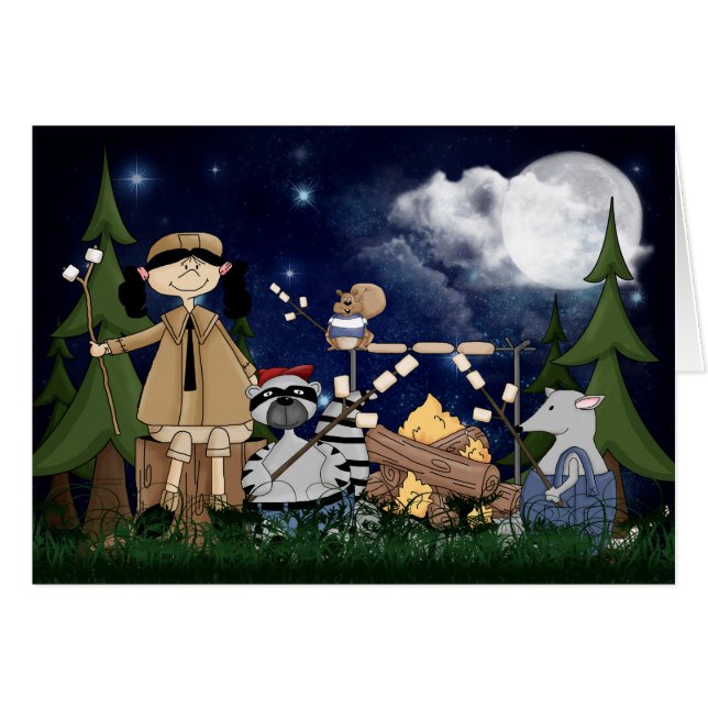 Chica de Escout de acampada con Raccoon y Opossum (Anverso (Horizontal))