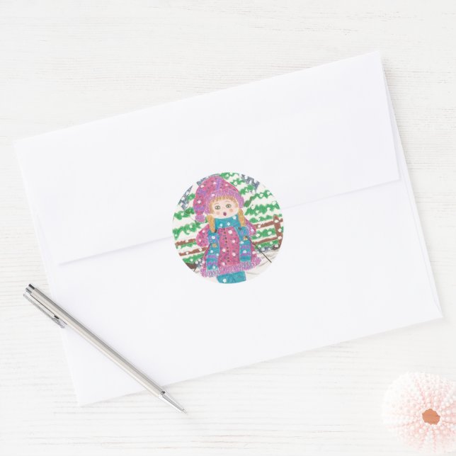 Chica de esquí Pegatina redondo clásico (Sobre)