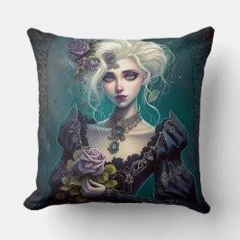 Chica de fantasía gótica con almohada de flores de