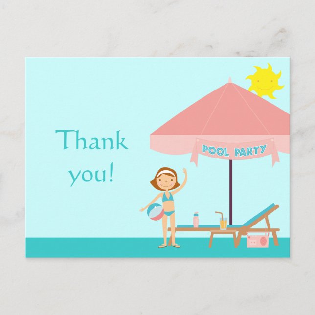 Chica de fiesta de piscina pequeña gracias postal (Anverso)
