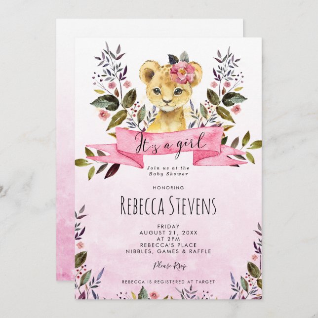 chica de flores rosadas de león invitación a la du (Anverso / Reverso)