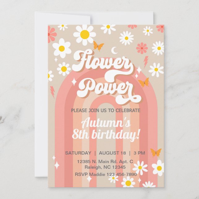Chica de Flower Power Groovy Invitación de cumplea (Anverso)
