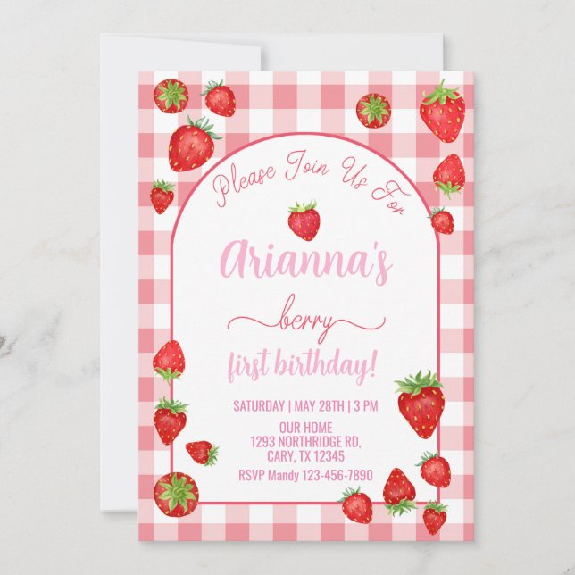 Chica de fresa berry primera invitación de cumplea (Anverso)