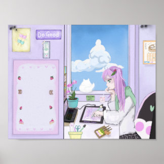 Chica de fresas de Kawaii dibujando Poster de arte