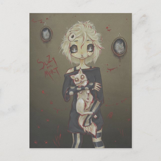 Chica de gótico zombi lindo postal gato no muerto (Anverso)