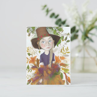 Chica de granja de otoño con tarjeta de arte de fl