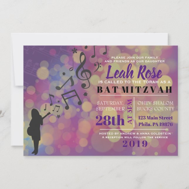 Chica de guitarra Bat Bar Mitzvah Invitación (Anverso)