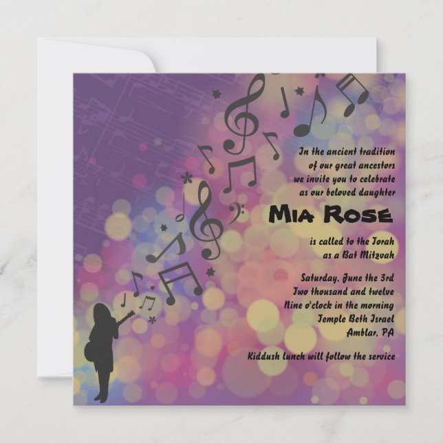 Chica de guitarra Bat Bar Mitzvah Invitación (Anverso)