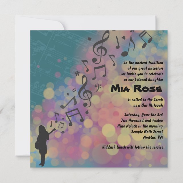 Chica de guitarra Bat Bar Mitzvah Invitación (Anverso)