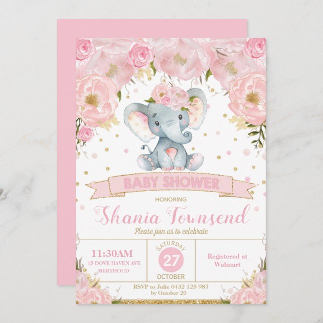 Chica de Invitación a Baby Shower con Elephant Flo (Anverso / Reverso)