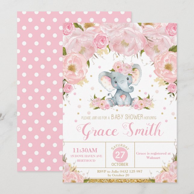 Chica de Invitación a Baby Shower con Elephant Flo (Anverso / Reverso)