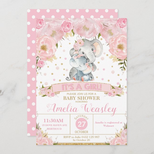 Chica de Invitación a Baby Shower con Elephant Flo (Anverso / Reverso)