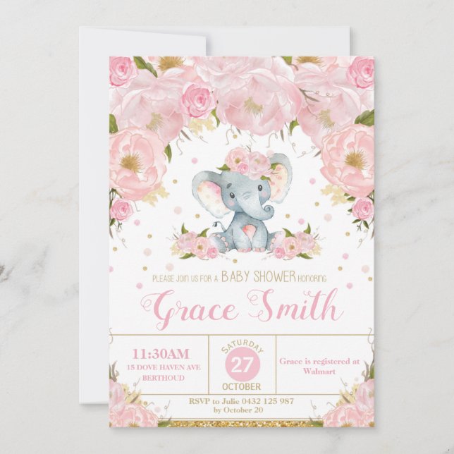 Chica de Invitación a Baby Shower con Elephant Flo (Anverso)