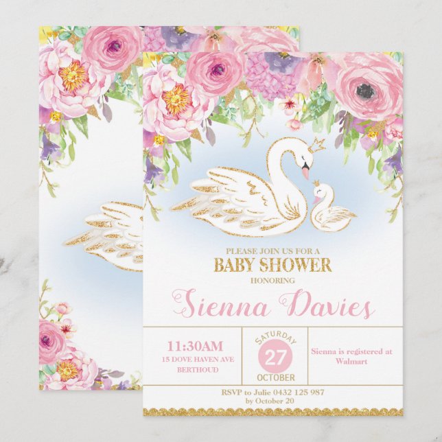 Chica de Invitación a Baby Shower con Flor de cisn (Anverso / Reverso)