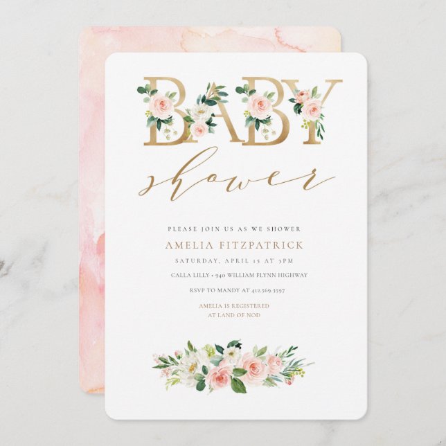 Chica de Invitación a Baby Shower con Floral de or (Anverso / Reverso)