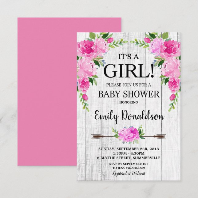 Chica de Invitación a Baby Shower con Floral Rosa  (Anverso / Reverso)