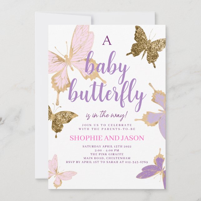 Chica de invitación a Baby Shower con mariposa mor (Anverso)