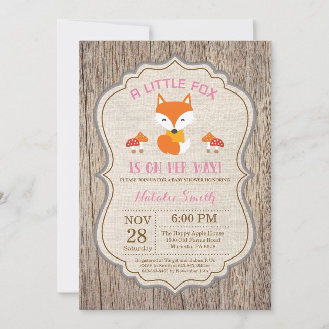 Chica de invitación a Baby Shower de Fox Rustic (Anverso)