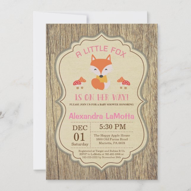 Chica de invitación a Baby Shower de Rustic Fox (Anverso)