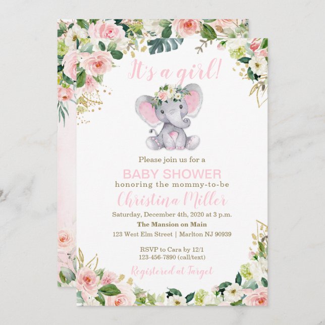 Chica de invitación a Baby Shower para elefantes r (Anverso / Reverso)